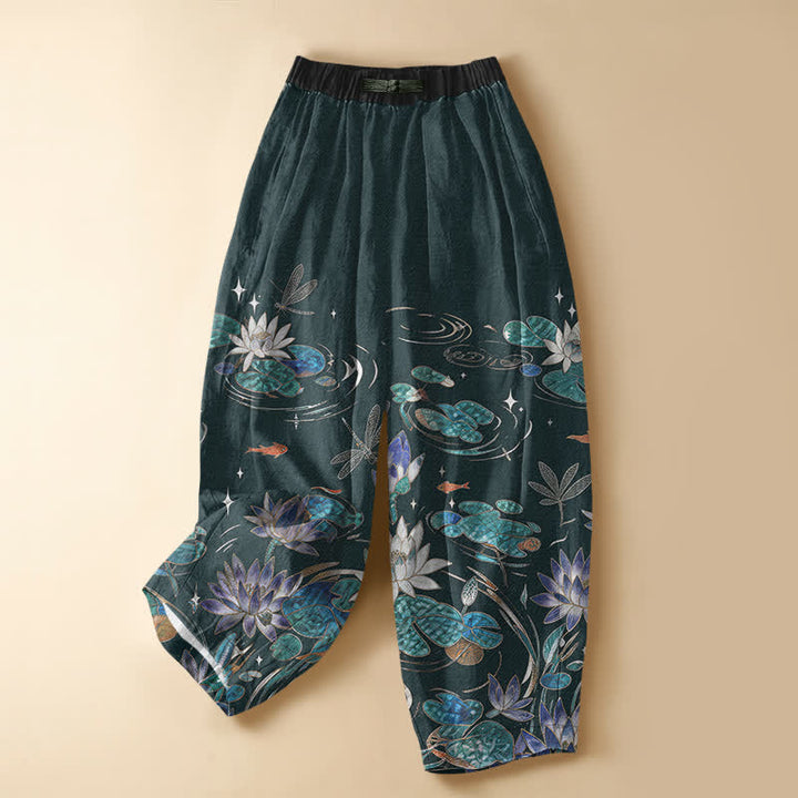 Buddha Stones Damen-Haremshose aus reiner Baumwolle mit Lotus-Koi-Libellenmuster, Froschknopfverschluss, elastischem Bund und Taschen - Türkis - US16, UK/AU20, EU48 (3XL) - image 5