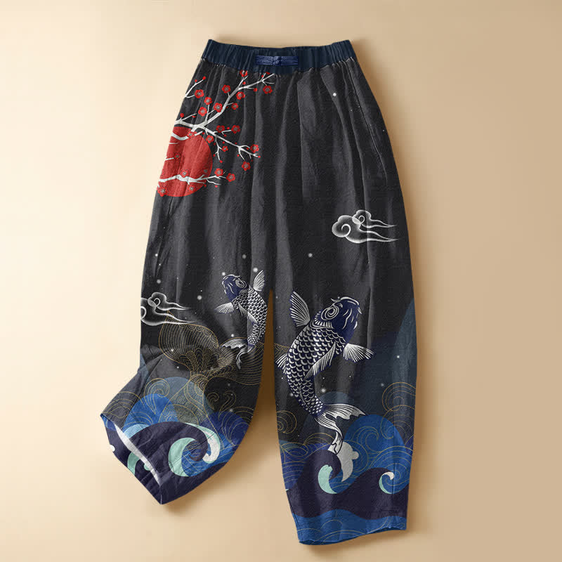 Buddha Stones Damen-Haremshose aus reiner Baumwolle mit orientalischem Koi-Sonnenwellenmuster, Froschknopfverschluss, elastischem Bund und Taschen - Schwarz - US16, UK/AU20, EU48 (3XL) - image 0