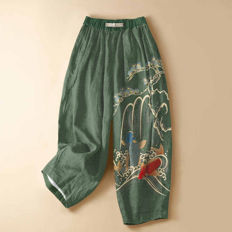 Buddha Stones Haremshose aus reiner Baumwolle mit Kiefern-Koi-Wasserfallmuster, Froschknopfverschluss, elastischem Bund und Taschen - SeaGreen - US16, UK/AU20, EU48 (3XL) - image 0