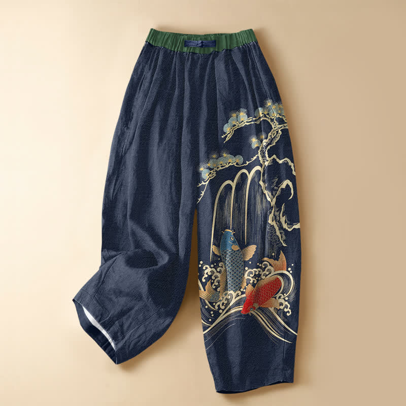 Buddha Stones Haremshose aus reiner Baumwolle mit Kiefern-Koi-Wasserfallmuster, Froschknopfverschluss, elastischem Bund und Taschen - Marine - US16, UK/AU20, EU48 (3XL) - image 5