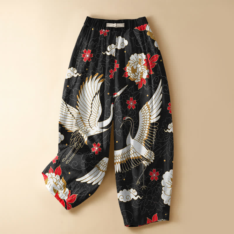 Buddha Stones Damen-Haremshose aus reiner Baumwolle mit Vintage-Kranich-Blumenmuster, Froschknopfverschluss, elastischem Bund und Taschen - Schwarz - US16, UK/AU20, EU48 (3XL) - image 0