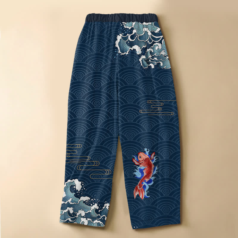 Buddha Stones Damen-Haremshose aus reiner Baumwolle mit japanischem Koi-Wellenmuster, Froschknopfverschluss, elastischem Bund und Taschen - image 1