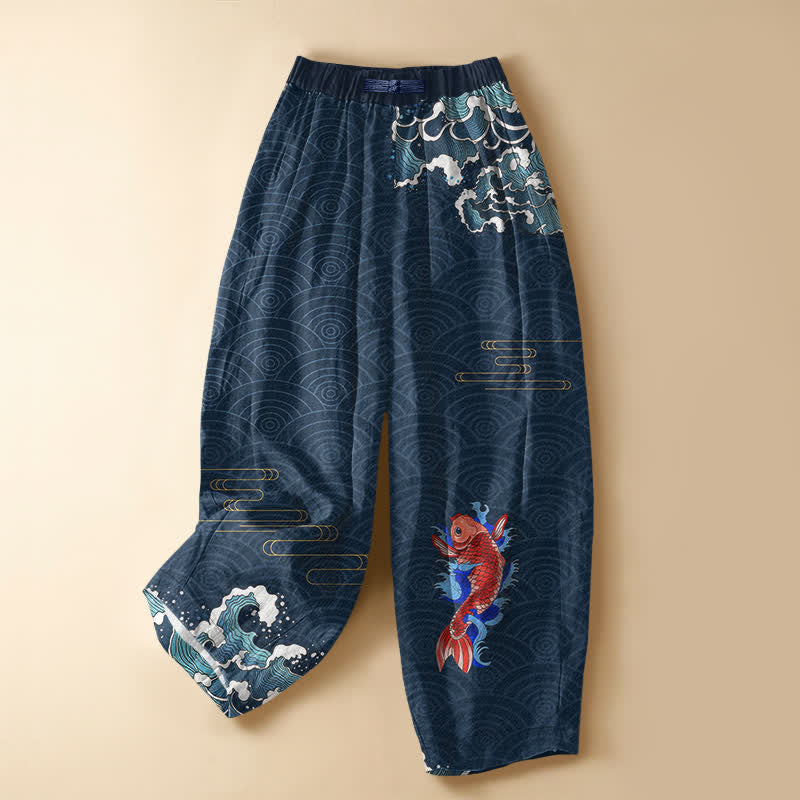 Buddha Stones Damen-Haremshose aus reiner Baumwolle mit japanischem Koi-Wellenmuster, Froschknopfverschluss, elastischem Bund und Taschen - Marine - US16, UK/AU20, EU48 (3XL) - image 0