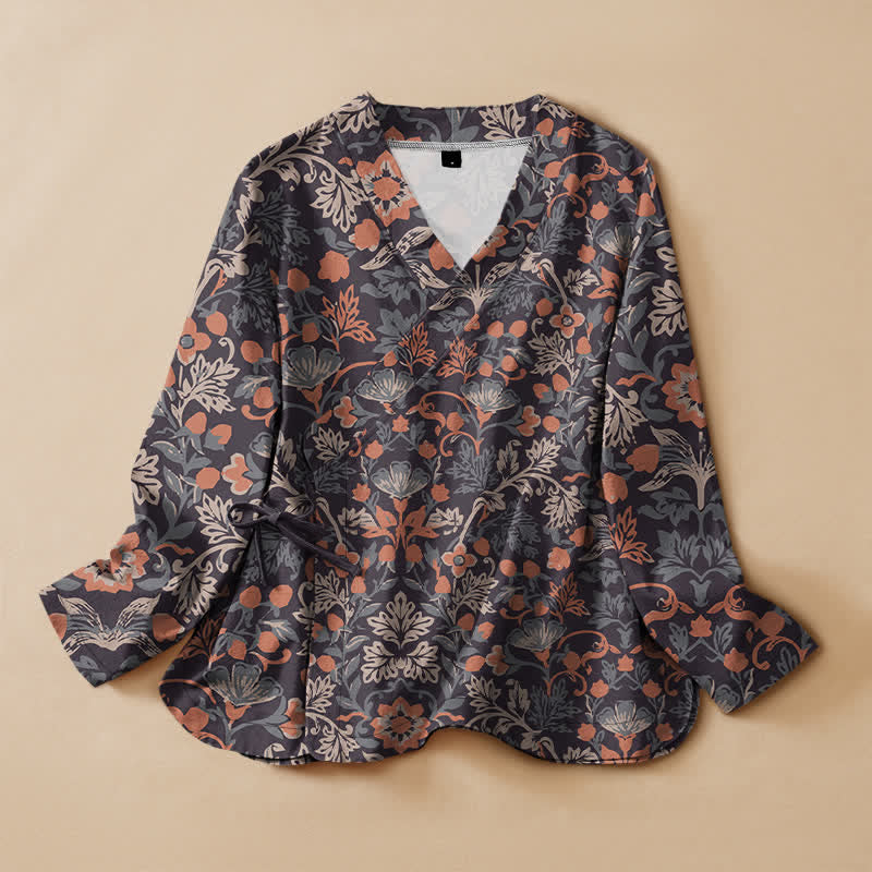 Buddha Stones Baumwollbluse im Hanfu-Stil mit Vintage-Blumenrankenmuster, Wickeloptik, V-Ausschnitt und Schnürung, langärmlig - DimGray - US16, UK/AU20, EU48 (3XL) - image 0