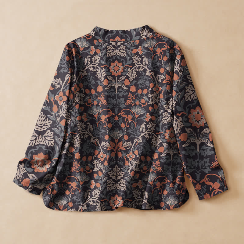 Buddha Stones Baumwollbluse im Hanfu-Stil mit Vintage-Blumenrankenmuster, Wickeloptik, V-Ausschnitt und Schnürung, langärmlig - image 1