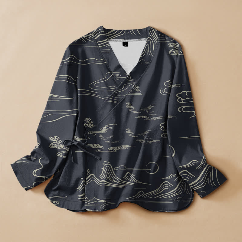 Buddha Stones Langarmshirt aus Baumwolle mit Berg-, Wolken- und Mondmuster im Hanfu-Stil, Wickeloptik, V-Ausschnitt und Schnürung, Damen - Dunkelgrau - US16, UK/AU20, EU48 (3XL) - image 0