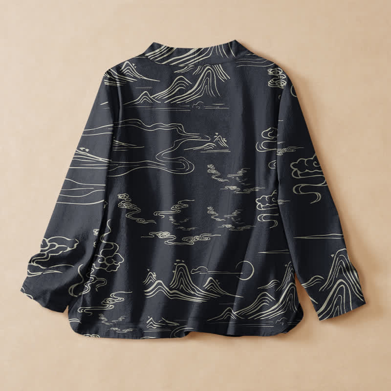 Buddha Stones Langarmshirt aus Baumwolle mit Berg-, Wolken- und Mondmuster im Hanfu-Stil, Wickeloptik, V-Ausschnitt und Schnürung, Damen - image 1