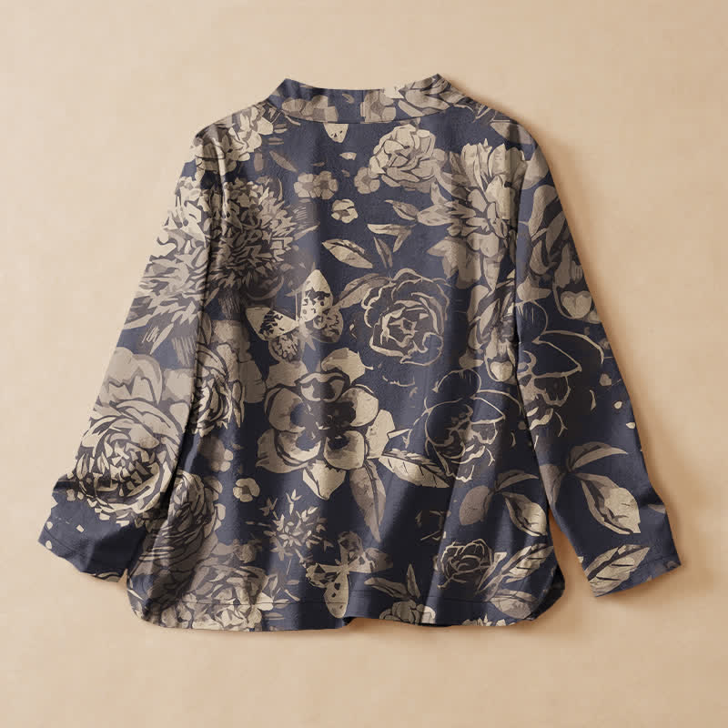 Buddha Stones Baumwollbluse im Hanfu-Stil mit Vintage-Blumenmuster, Wickeloptik, V-Ausschnitt und Schnürung, langärmlig, für Damen - image 1