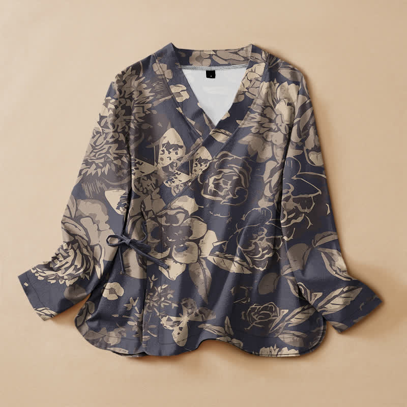 Buddha Stones Baumwollbluse im Hanfu-Stil mit Vintage-Blumenmuster, Wickeloptik, V-Ausschnitt und Schnürung, langärmlig, für Damen - Dunkelschieferblau - US16, UK/AU20, EU48 (3XL) - image 0