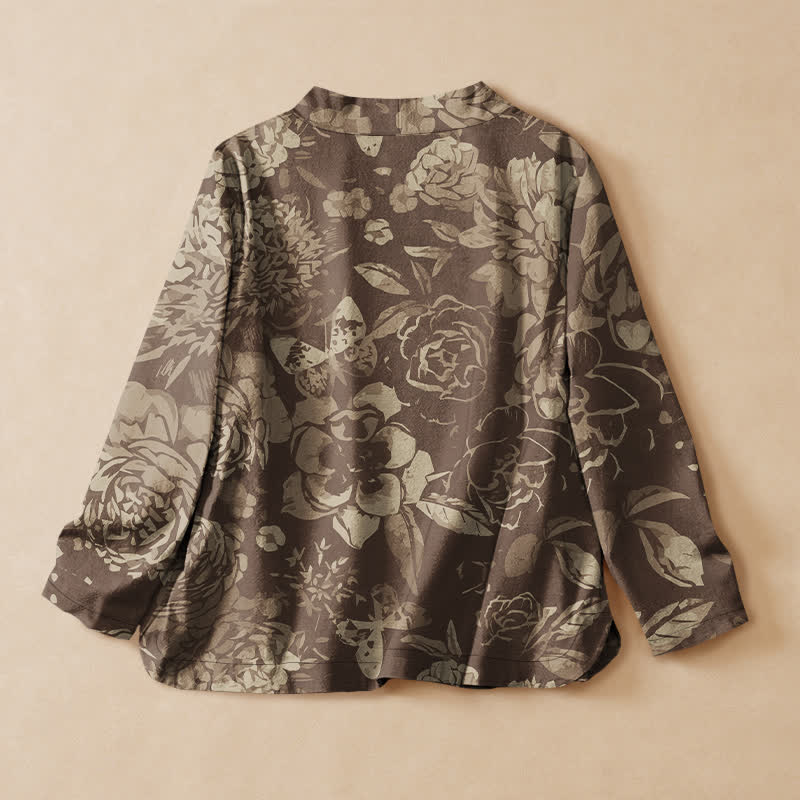 Buddha Stones Baumwollbluse im Hanfu-Stil mit Vintage-Blumenmuster, Wickeloptik, V-Ausschnitt und Schnürung, langärmlig, für Damen - image 6