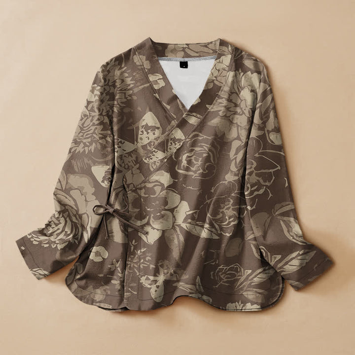 Buddha Stones Baumwollbluse im Hanfu-Stil mit Vintage-Blumenmuster, Wickeloptik, V-Ausschnitt und Schnürung, langärmlig, für Damen - Olive - US16, UK/AU20, EU48 (3XL) - image 5