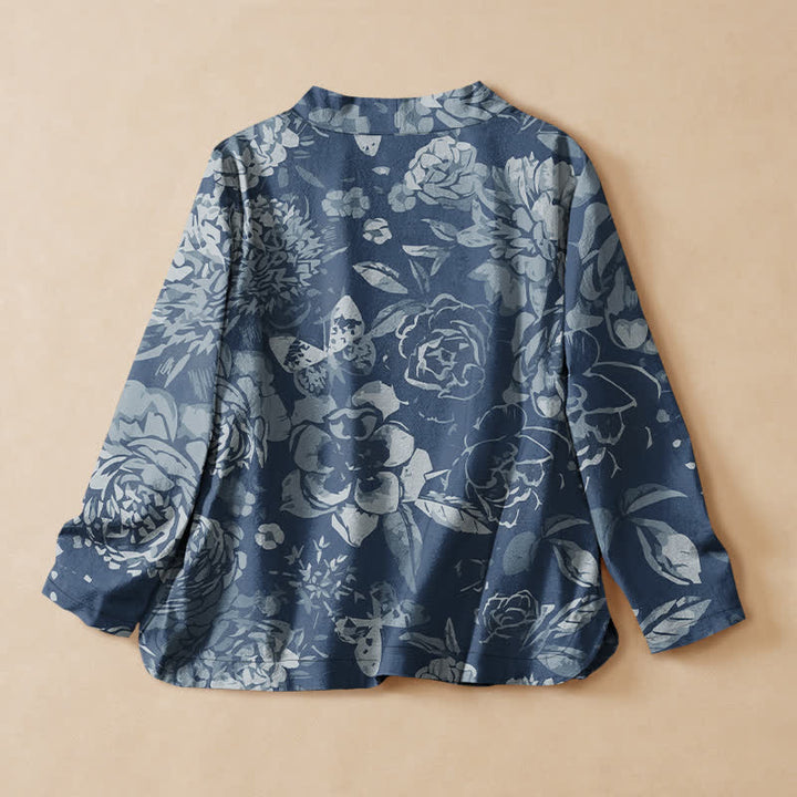 Buddha Stones Baumwollbluse im Hanfu-Stil mit Vintage-Blumenmuster, Wickeloptik, V-Ausschnitt und Schnürung, langärmlig, für Damen - image 8