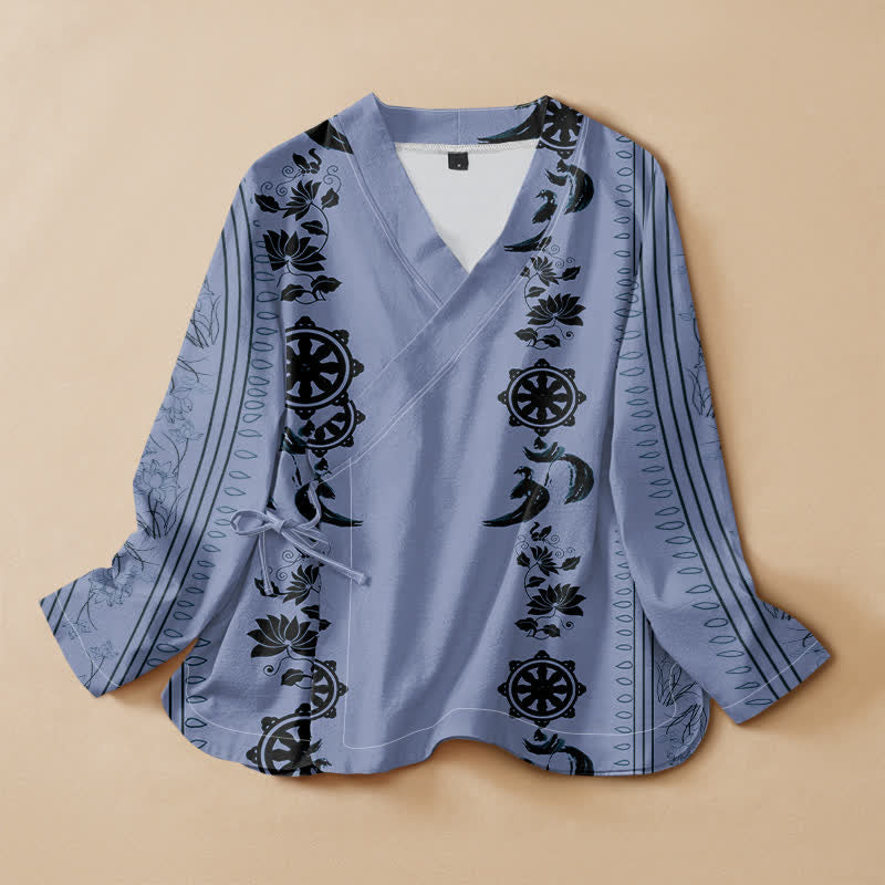 Buddha Stones Kimono-Wickelbluse mit langen Ärmeln, Boho-Stil, floralem Bordürenmuster, V-Ausschnitt und Schnürung aus Baumwolle für Damen. - Hellblau - US16, UK/AU20, EU48 (3XL) - image 0