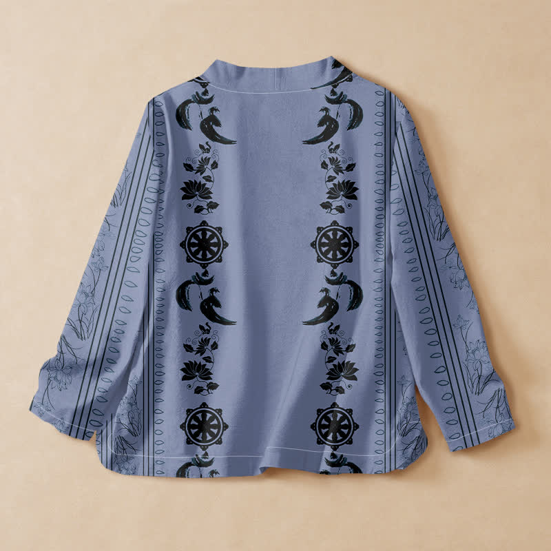 Buddha Stones Kimono-Wickelbluse mit langen Ärmeln, Boho-Stil, floralem Bordürenmuster, V-Ausschnitt und Schnürung aus Baumwolle für Damen. - image 1