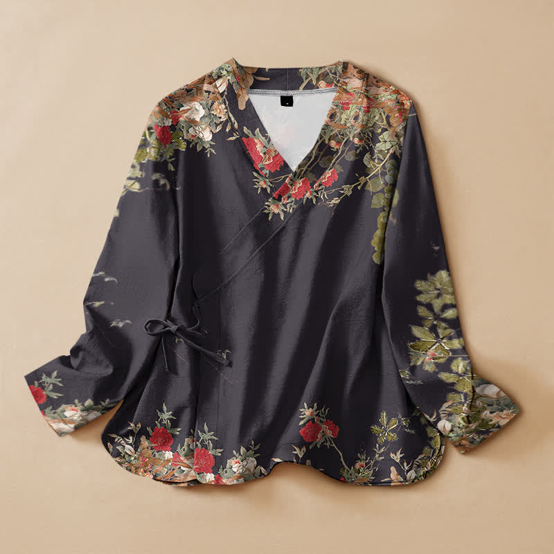 Buddha Stones Kimono aus Baumwolle mit orientalischem Blütenmuster, Wickeloptik, V-Ausschnitt und Schnürung, langärmlig, für Damen - Schwarz - US16, UK/AU20, EU48 (3XL) - image 0