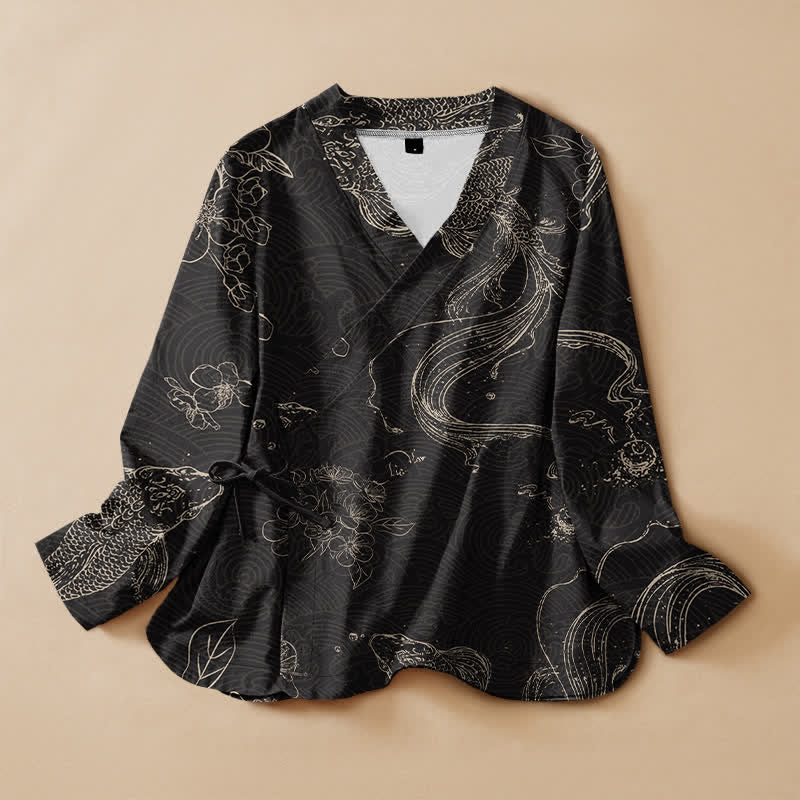 Buddha Stones Kimono-Wickelbluse mit V-Ausschnitt, Schnürung und floralem Koi-Muster aus Baumwolle für Damen, langärmlig - Schwarz - US16, UK/AU20, EU48 (3XL) - image 0
