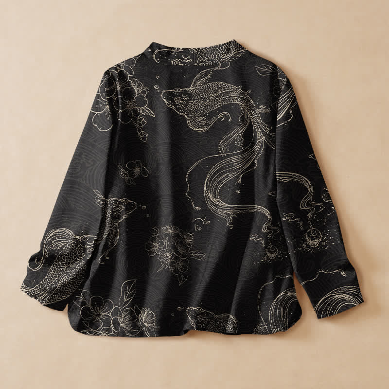 Buddha Stones Kimono-Wickelbluse mit V-Ausschnitt, Schnürung und floralem Koi-Muster aus Baumwolle für Damen, langärmlig - image 1
