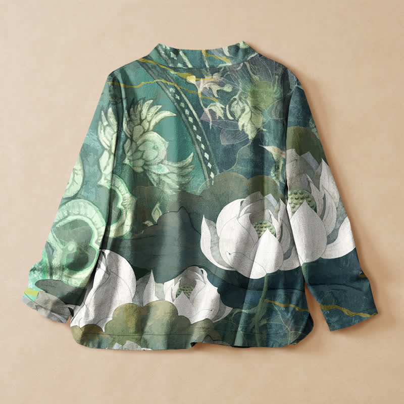 Buddha Stones Baumwollbluse im Hanfu-Stil mit weißem Lotusblattmuster, Wickeloptik, V-Ausschnitt und Schnürung, langärmlig, Kimono für Damen - image 1