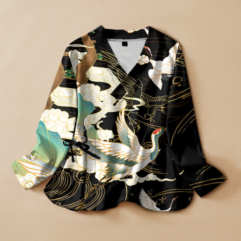 Buddha Stones Kimono aus Baumwolle mit orientalischem Kranich- und Wolkenmuster, Wickeloptik, V-Ausschnitt und Schnürung, langärmlig, für Damen - Schwarz - US16, UK/AU20, EU48 (3XL) - image 0