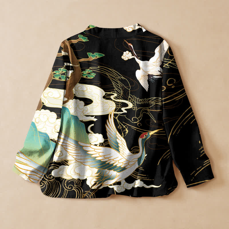 Buddha Stones Kimono aus Baumwolle mit orientalischem Kranich- und Wolkenmuster, Wickeloptik, V-Ausschnitt und Schnürung, langärmlig, für Damen - image 1