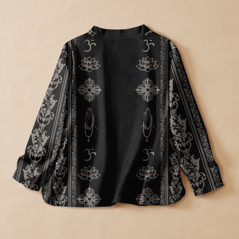 Buddha Stones Baumwoll-Kimono im Hanfu-Stil mit Lotus-Om-Print, Wickeloptik, V-Ausschnitt und Schnürung, langärmlig. - image 1