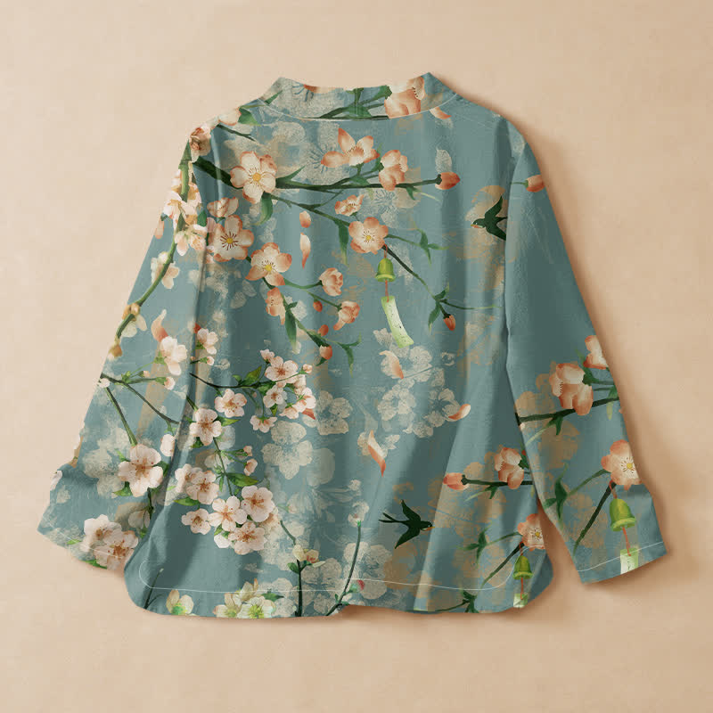 Buddha Stones Kimono im Hanfu-Stil mit Kirschblüten- und Vogelmuster aus Baumwolle, Wickeloptik, V-Ausschnitt und Schnürung, langärmlig, für Damen. - image 1