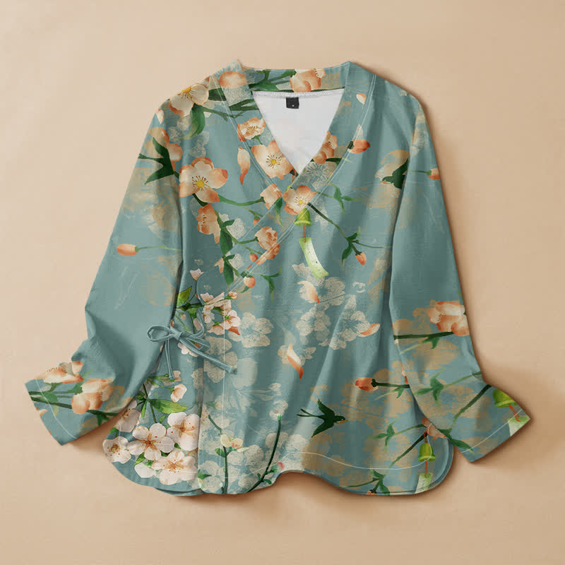 Buddha Stones Kimono im Hanfu-Stil mit Kirschblüten- und Vogelmuster aus Baumwolle, Wickeloptik, V-Ausschnitt und Schnürung, langärmlig, für Damen. - Mitteltürkis - US16, UK/AU20, EU48 (3XL) - image 0