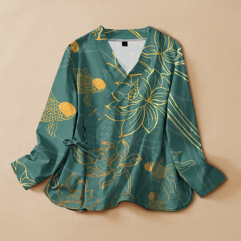 Buddha Stones Kimono-Wickelbluse mit langen Ärmeln, langen Ärmeln, V-Ausschnitt, Schnürung und Lotusblumenmuster aus Baumwolle mit Fischmotiv. - Türkis - US16, UK/AU20, EU48 (3XL) - image 0