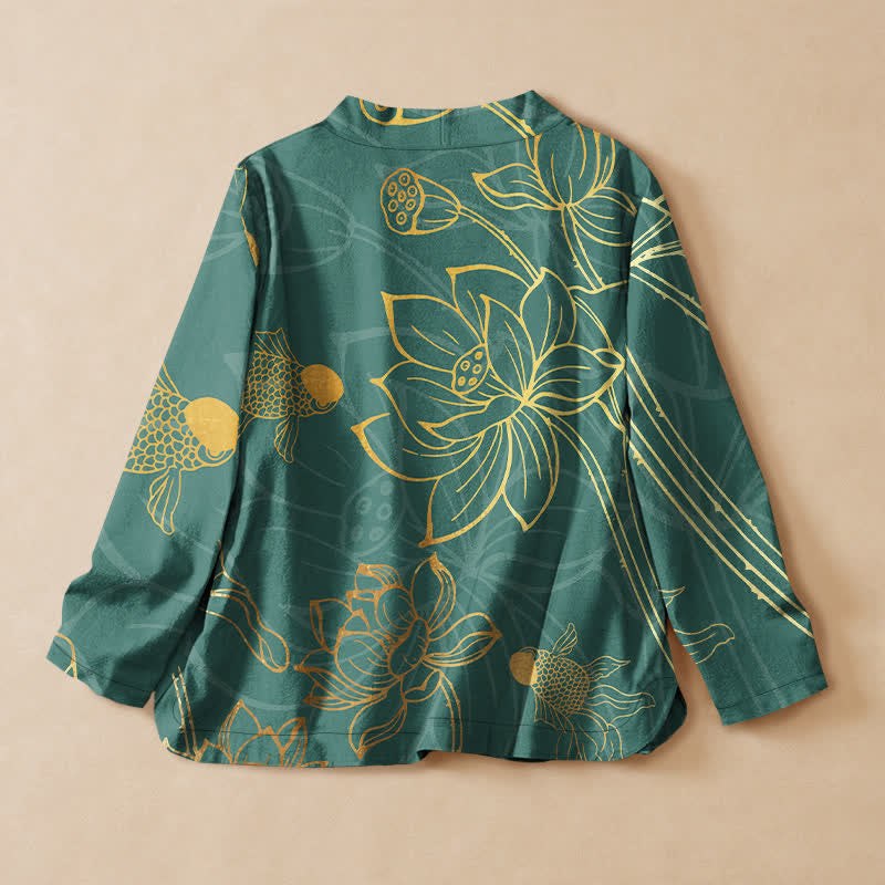 Buddha Stones Kimono-Wickelbluse mit langen Ärmeln, langen Ärmeln, V-Ausschnitt, Schnürung und Lotusblumenmuster aus Baumwolle mit Fischmotiv. - image 1