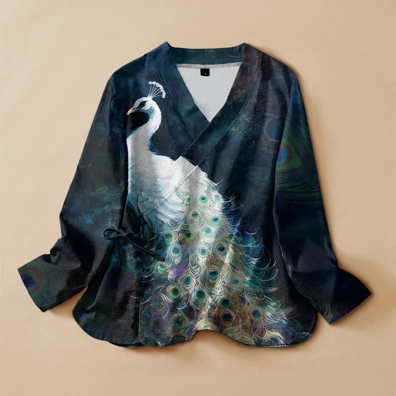 Buddha Stones Kimono-Wickelbluse mit V-Ausschnitt, Schnürung und Pfauenfedermuster aus Baumwolle für Damen, langärmlig - Mitternachtsblau - US16, UK/AU20, EU48 (3XL) - image 0