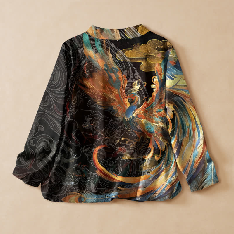 Buddha Stones Baumwoll-Kimono mit goldenem Phönix-Wolkenmuster im Hanfu-Stil, Wickeloptik, V-Ausschnitt und Schnürung, Langarm, Damen - image 1