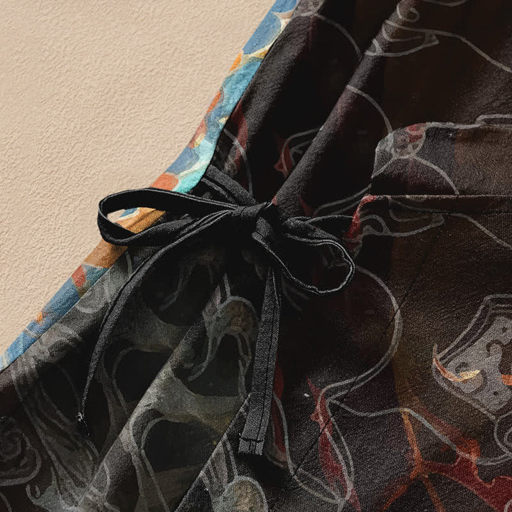 Buddha Stones Baumwoll-Kimono mit goldenem Phönix-Wolkenmuster im Hanfu-Stil, Wickeloptik, V-Ausschnitt und Schnürung, Langarm, Damen - image 3