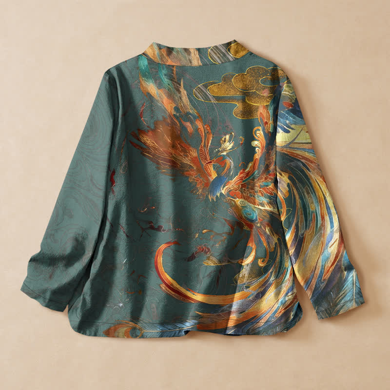 Buddha Stones Baumwoll-Kimono mit goldenem Phönix-Wolkenmuster im Hanfu-Stil, Wickeloptik, V-Ausschnitt und Schnürung, Langarm, Damen - image 6