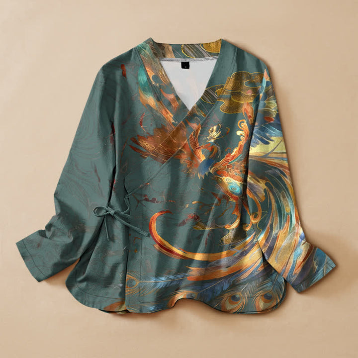 Buddha Stones Baumwoll-Kimono mit goldenem Phönix-Wolkenmuster im Hanfu-Stil, Wickeloptik, V-Ausschnitt und Schnürung, Langarm, Damen - Türkis - US16, UK/AU20, EU48 (3XL) - image 5