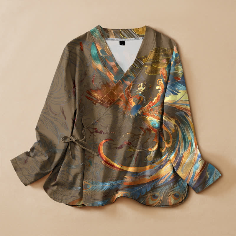 Buddha Stones Baumwoll-Kimono mit goldenem Phönix-Wolkenmuster im Hanfu-Stil, Wickeloptik, V-Ausschnitt und Schnürung, Langarm, Damen - Dunkelgoldenrod - US16, UK/AU20, EU48 (3XL) - image 7