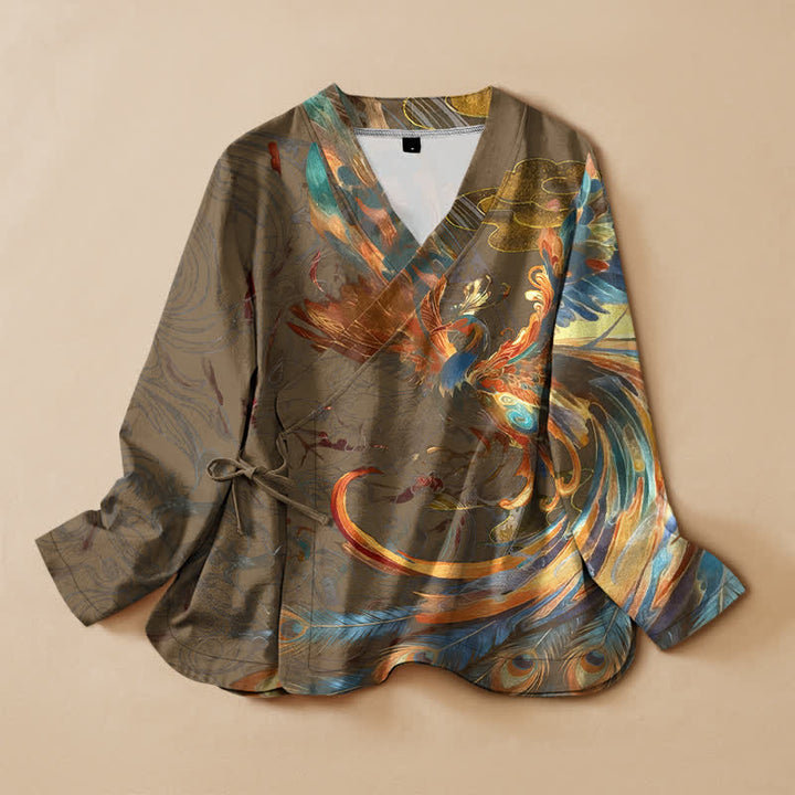 Buddha Stones Baumwoll-Kimono mit goldenem Phönix-Wolkenmuster im Hanfu-Stil, Wickeloptik, V-Ausschnitt und Schnürung, Langarm, Damen - Dunkelgoldenrod - US16, UK/AU20, EU48 (3XL) - image 7
