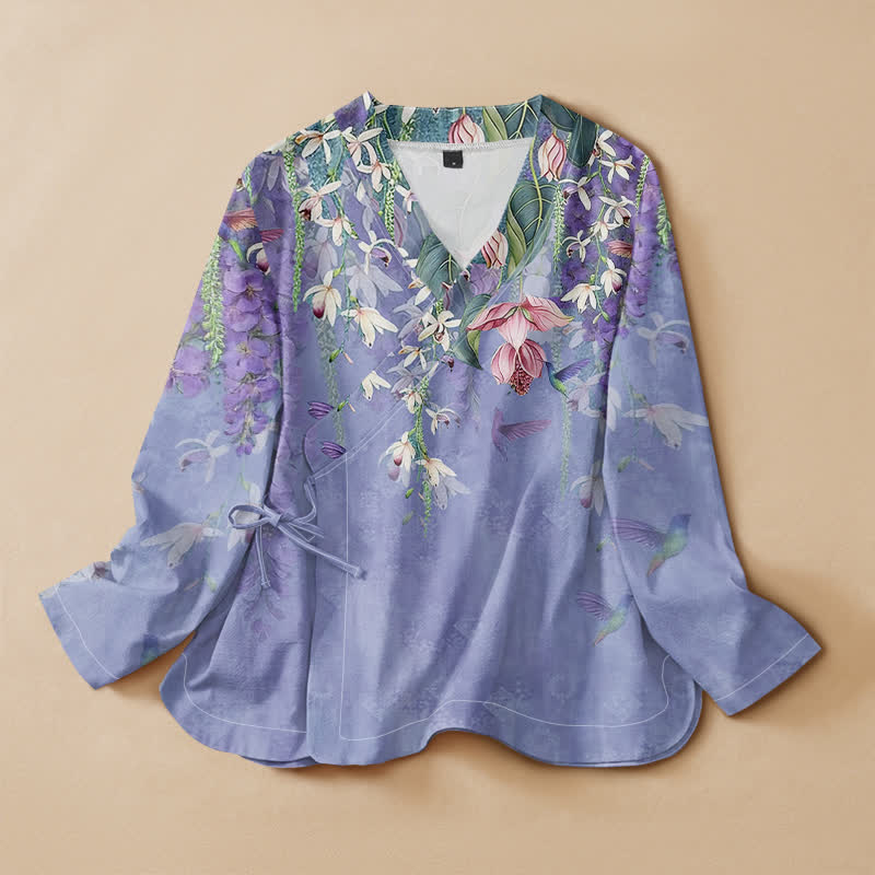 Buddha Stones Baumwoll-Kimono mit Lavendel-Blumenmuster und Kolibri-Motiv im Hanfu-Stil, Wickeloptik, V-Ausschnitt und Schnürung, Langarm. - Mittelschieferblau - US16, UK/AU20, EU48 (3XL) - image 0