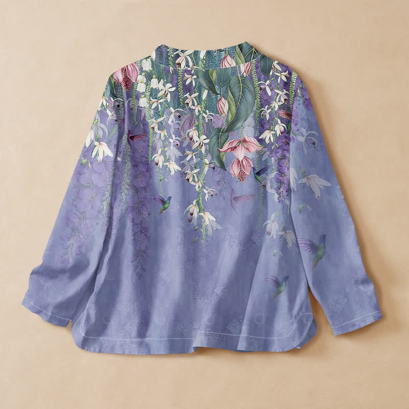 Buddha Stones Baumwoll-Kimono mit Lavendel-Blumenmuster und Kolibri-Motiv im Hanfu-Stil, Wickeloptik, V-Ausschnitt und Schnürung, Langarm. - image 1