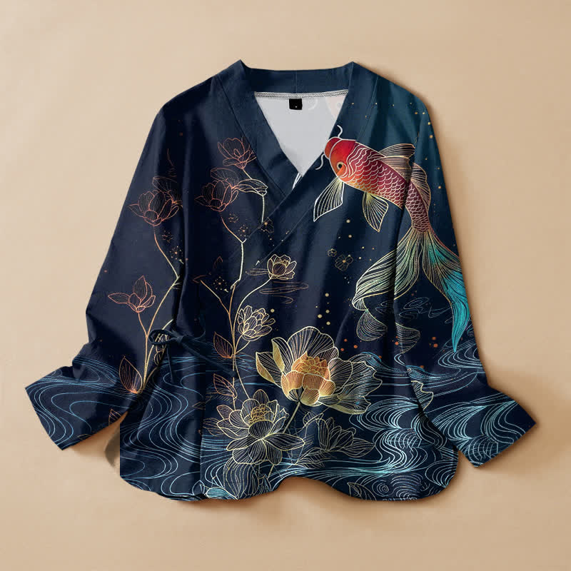 Buddha Stones Baumwoll-Kimono mit Lotus-Teich-Koi-Print, Wickeloptik, V-Ausschnitt und Schnürung, langärmlig - Marine - US16, UK/AU20, EU48 (3XL) - image 0
