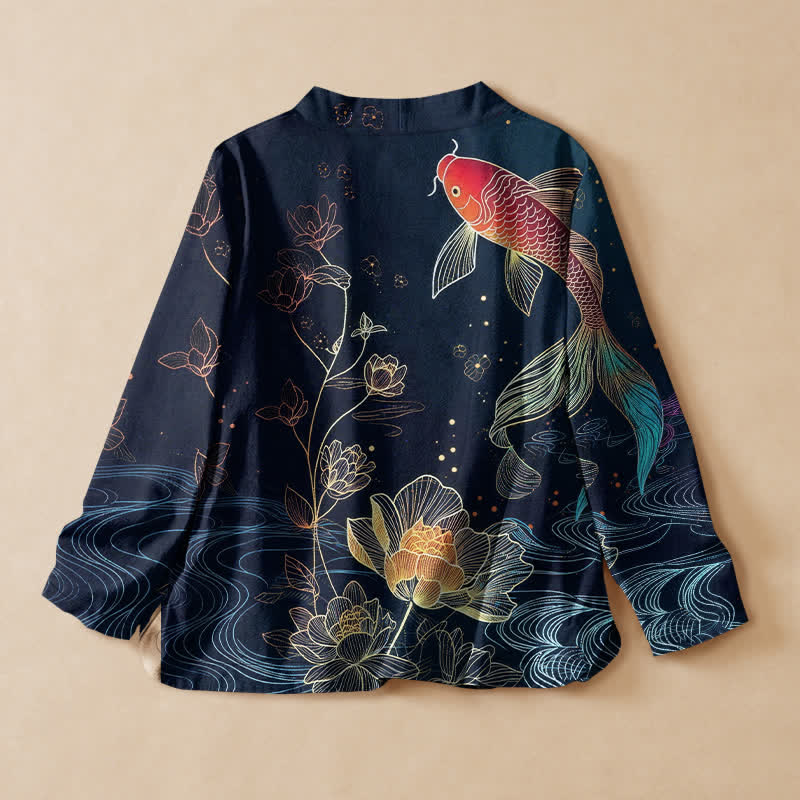 Buddha Stones Baumwoll-Kimono mit Lotus-Teich-Koi-Print, Wickeloptik, V-Ausschnitt und Schnürung, langärmlig - image 1