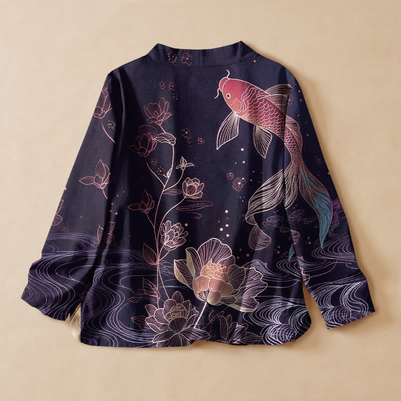 Buddha Stones Baumwoll-Kimono mit Lotus-Teich-Koi-Print, Wickeloptik, V-Ausschnitt und Schnürung, langärmlig - image 8