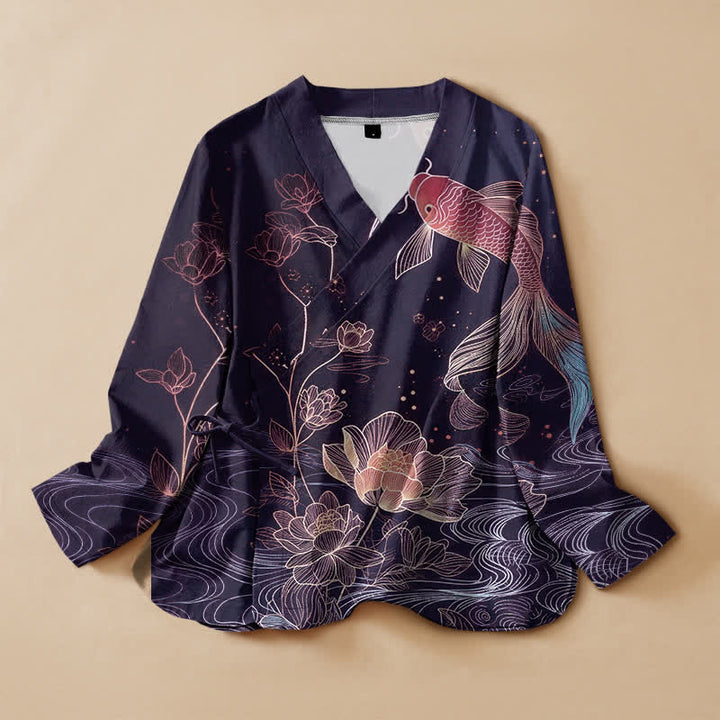 Buddha Stones Baumwoll-Kimono mit Lotus-Teich-Koi-Print, Wickeloptik, V-Ausschnitt und Schnürung, langärmlig - Indigo - US16, UK/AU20, EU48 (3XL) - image 7