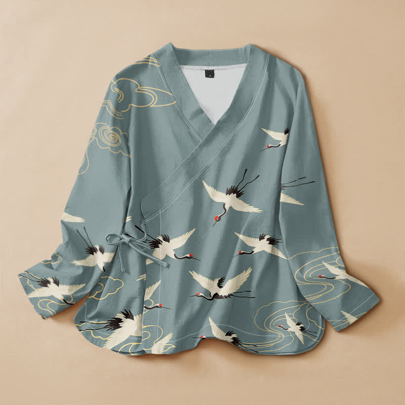 Buddha Stones Baumwoll-Kimono mit rotem Kronenkranich-Print im Hanfu-Stil, Wickeloptik, V-Ausschnitt und Schnürung, langärmlig - Hellblau - US16, UK/AU20, EU48 (3XL) - image 0