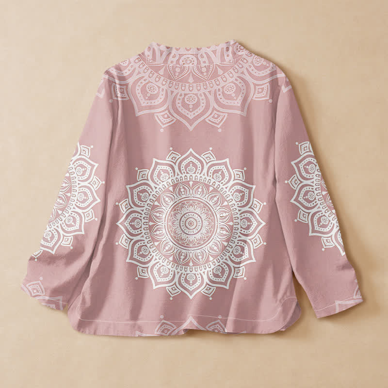 Buddha Stones Baumwoll-Kimono mit Mandala-Print, Hanfu-Stil, Wickeloptik, V-Ausschnitt und Schnürung, langärmlig, für Damen. - image 1