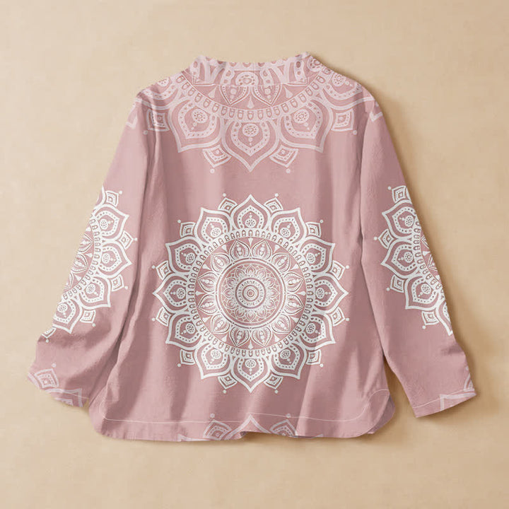 Buddha Stones Baumwoll-Kimono mit Mandala-Print, Hanfu-Stil, Wickeloptik, V-Ausschnitt und Schnürung, langärmlig, für Damen. - image 1