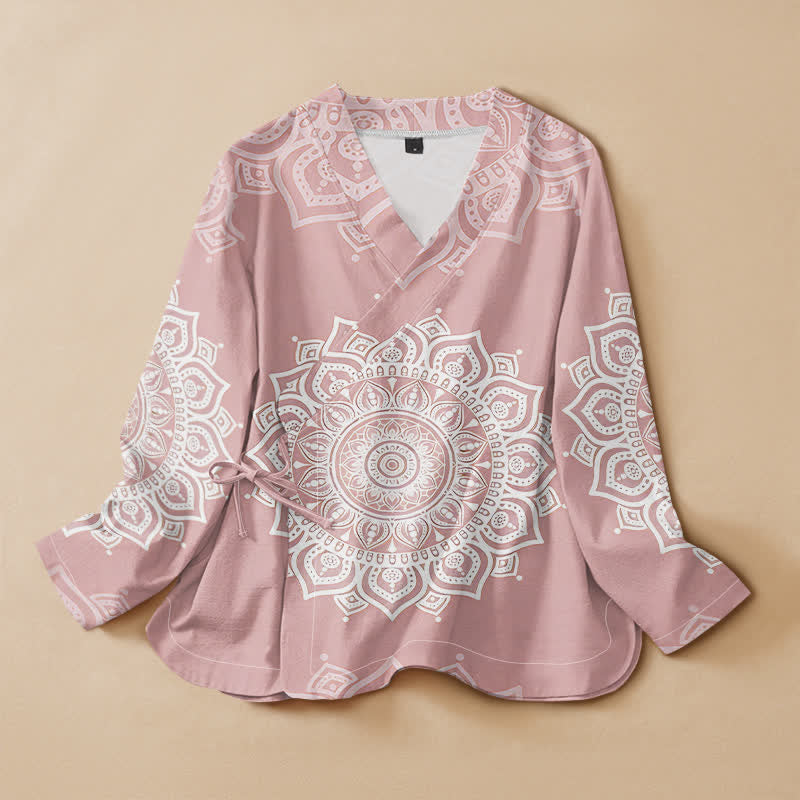 Buddha Stones Baumwoll-Kimono mit Mandala-Print, Hanfu-Stil, Wickeloptik, V-Ausschnitt und Schnürung, langärmlig, für Damen. - Hellrosa - US16, UK/AU20, EU48 (3XL) - image 0