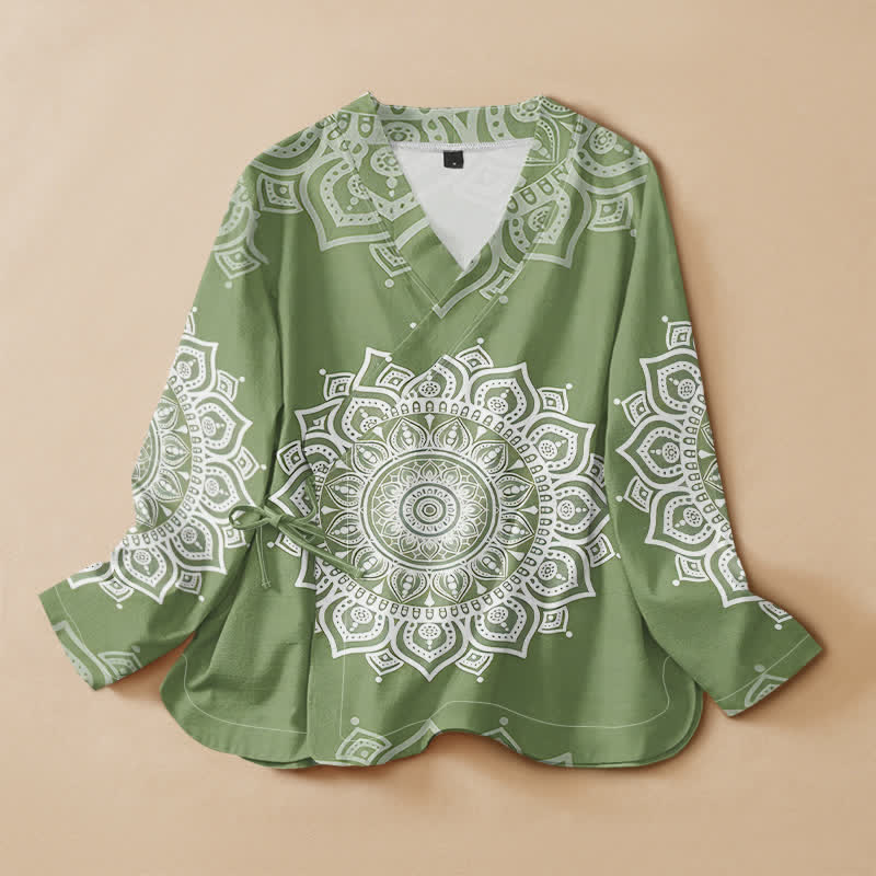 Buddha Stones Baumwoll-Kimono mit Mandala-Print, Hanfu-Stil, Wickeloptik, V-Ausschnitt und Schnürung, langärmlig, für Damen. - Olivgrün - US16, UK/AU20, EU48 (3XL) - image 5