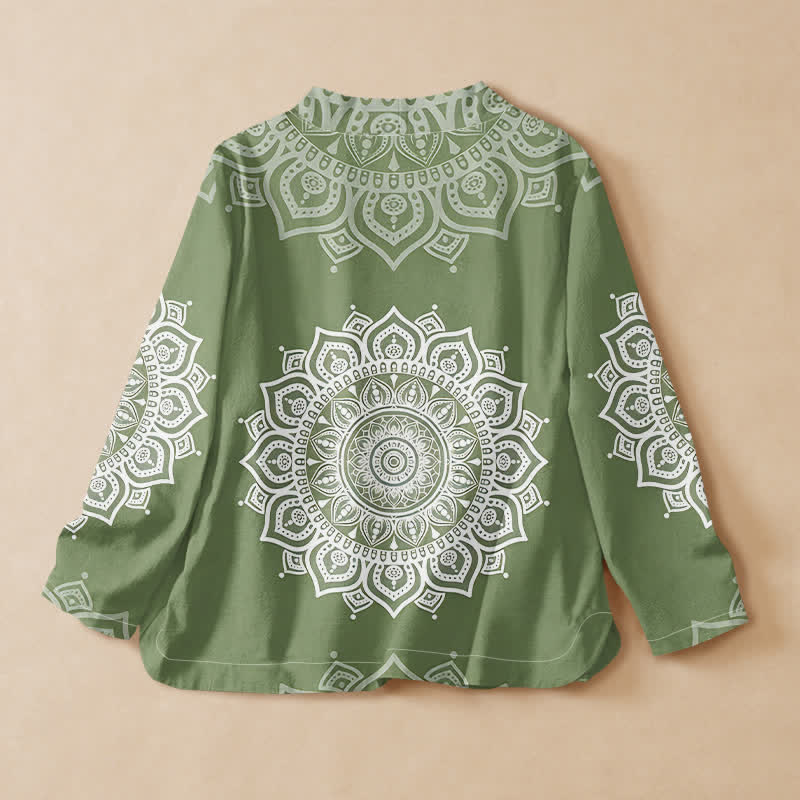 Buddha Stones Baumwoll-Kimono mit Mandala-Print, Hanfu-Stil, Wickeloptik, V-Ausschnitt und Schnürung, langärmlig, für Damen. - image 6