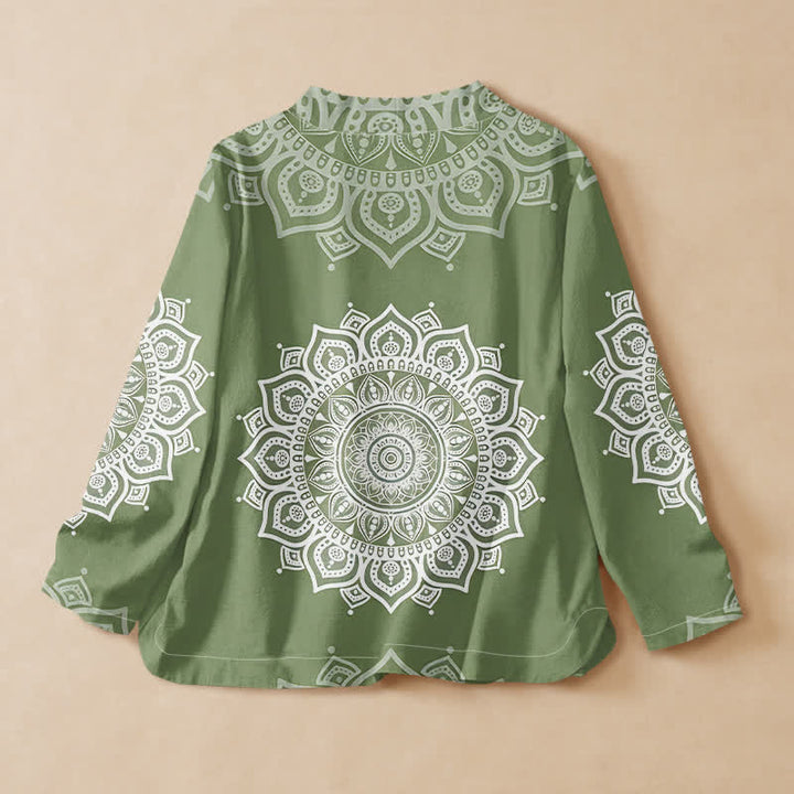 Buddha Stones Baumwoll-Kimono mit Mandala-Print, Hanfu-Stil, Wickeloptik, V-Ausschnitt und Schnürung, langärmlig, für Damen. - image 6