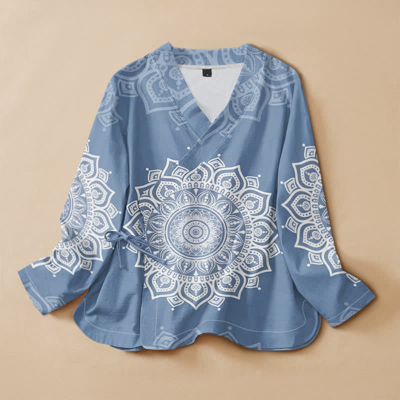 Buddha Stones Baumwoll-Kimono mit Mandala-Print, Hanfu-Stil, Wickeloptik, V-Ausschnitt und Schnürung, langärmlig, für Damen. - SteelBlue - US16, UK/AU20, EU48 (3XL) - image 7